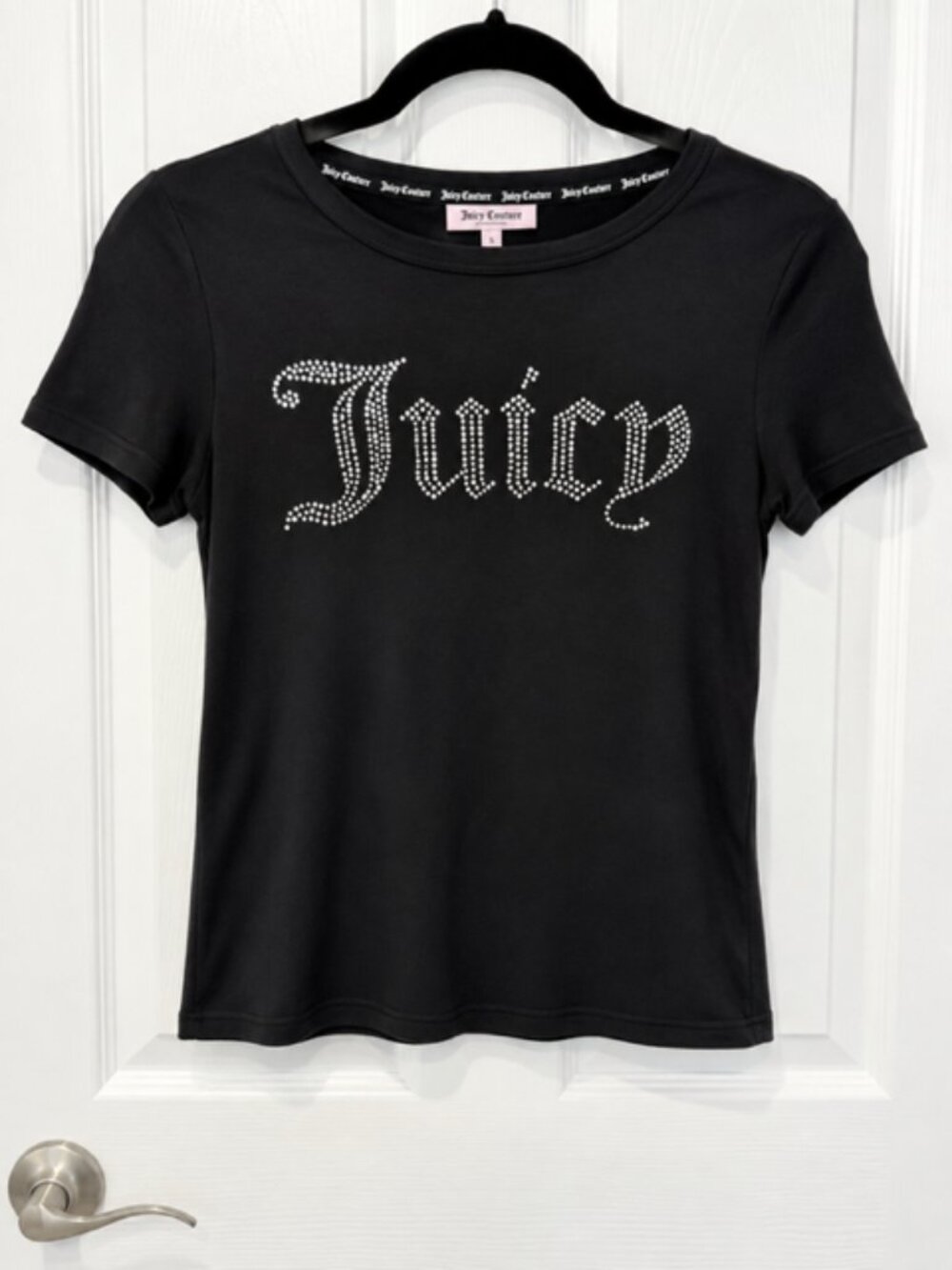 Juicy Couture Black Rhinestone Logo Baby Tee Y2K McBling Velour Size S